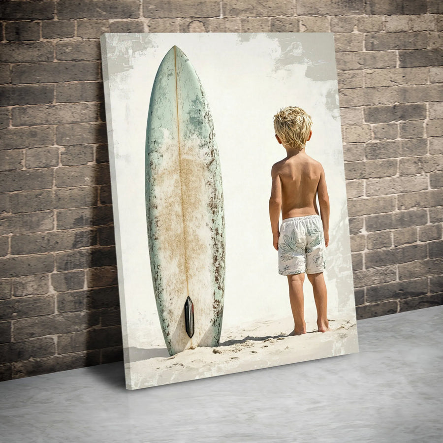 Beach Wall Art Surfboard Print | Little Boy Summer Coastal Decor | Gallery Quality Canvas | Modern Home Wall Decor Gift
