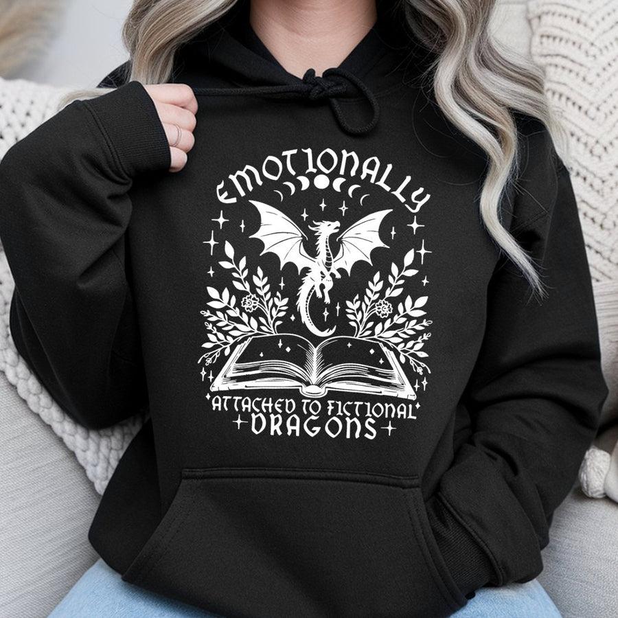 Emotionally Attached To Fictional Dragons Hoodie | Fantasy Bookish Aesthetic Design | Premium Cotton Blend | Gift For Readers And Dragon Lovers