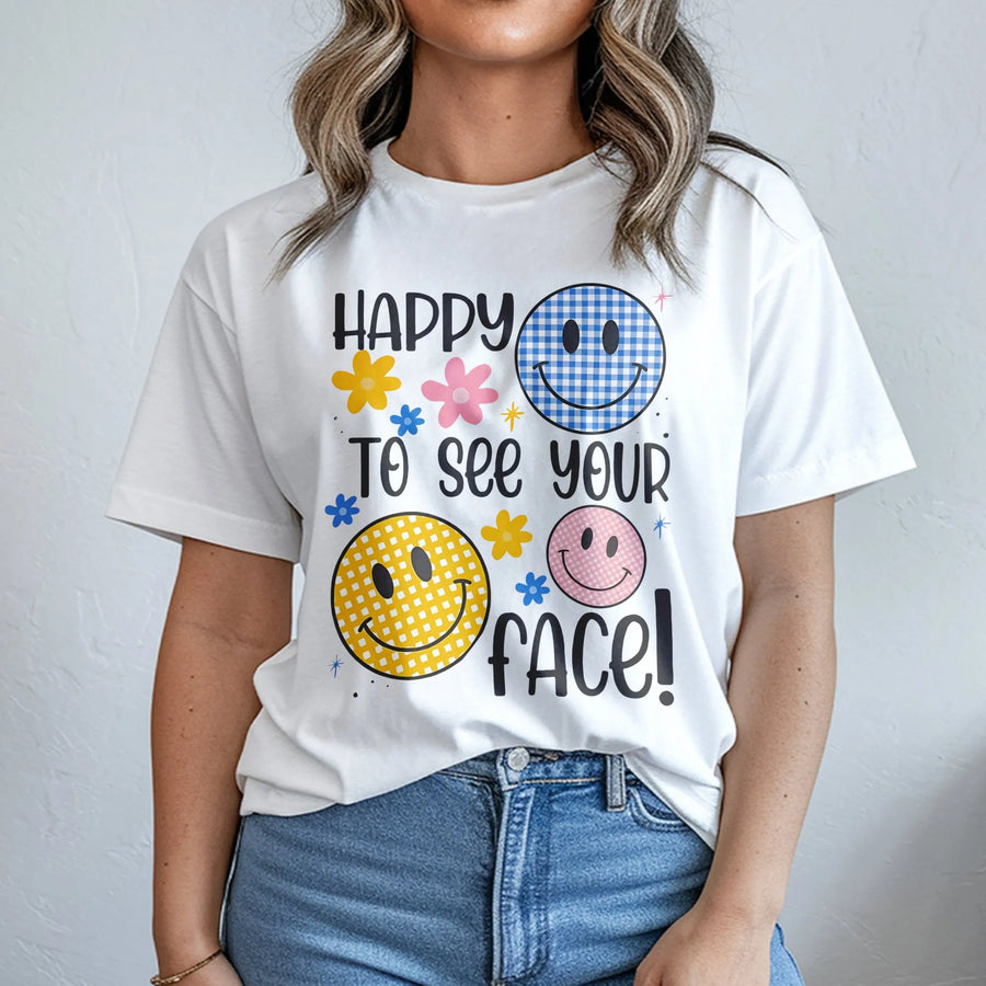 Happy To See Your Face Smiley T-Shirt | Retro Gingham Aesthetic Graphic | Premium 100% Cotton Tee | Cute Positive Vibes Gift For Her & Him