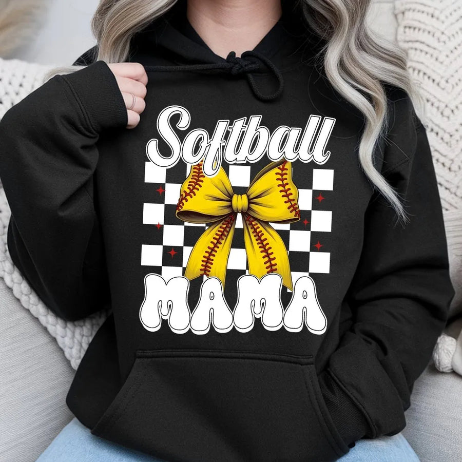 Softball Mama Hoodie | Retro Checkered Bow Game Day Design | Premium Cotton Blend | Gift for Softball Mom and Baseball Fan