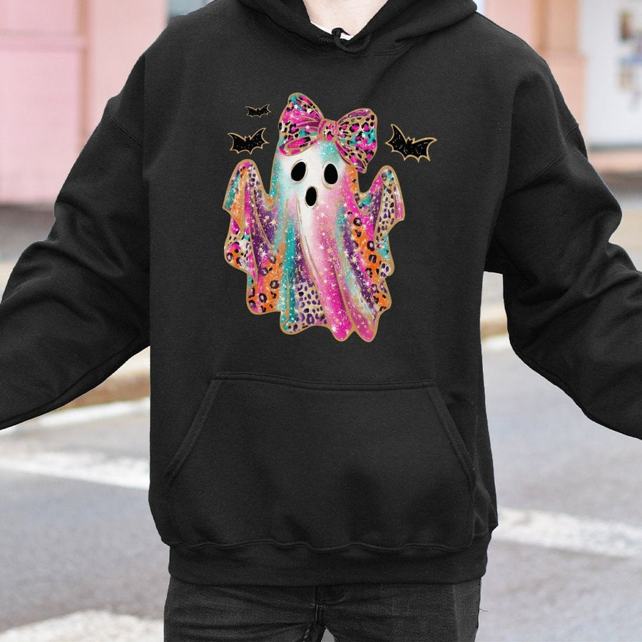 Colorful Leopard Bow Ghost Hoodie | Retro Rainbow Glitter Spooky Season Graphic | Premium Cotton Blend | Cute Halloween Sweatshirt Gift for Her