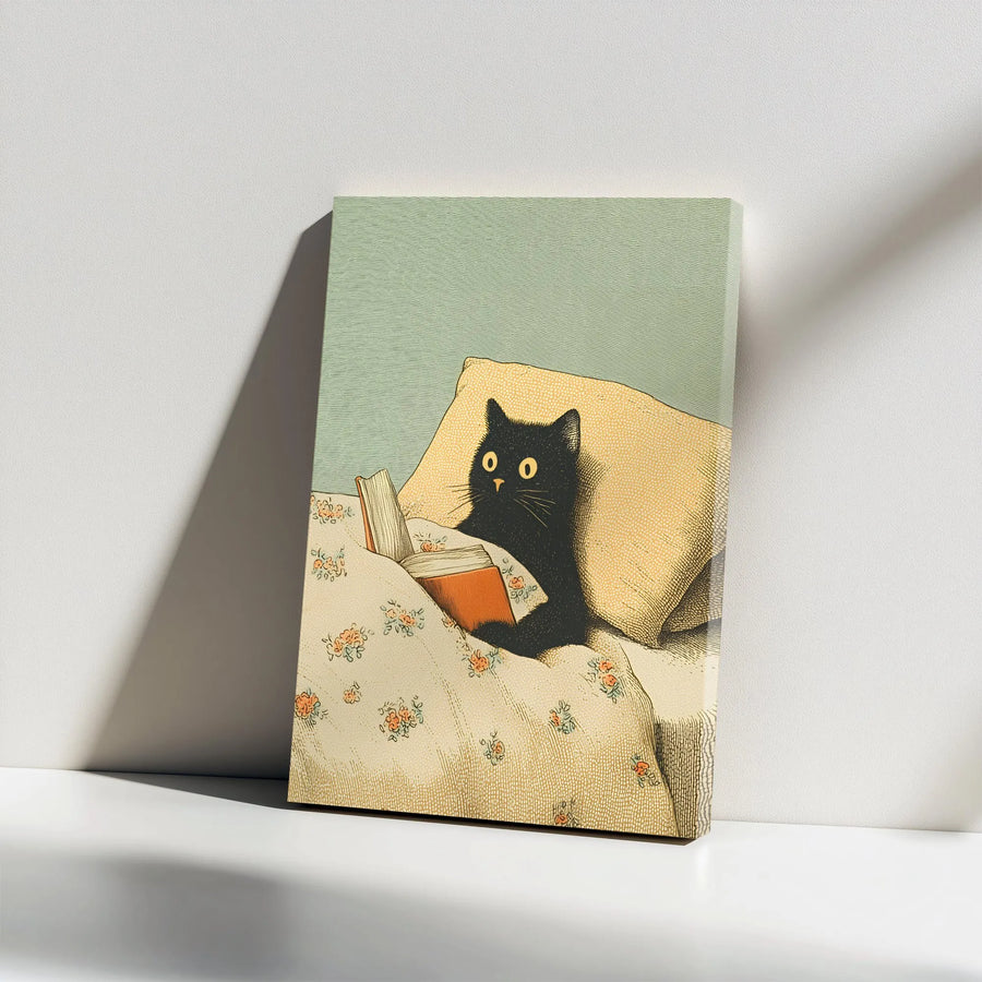 Black Cat Reading Canvas Art | Vintage Illustration Print | Premium Gallery Wrapped Canvas | Gift for Book Lover and Cat Mom