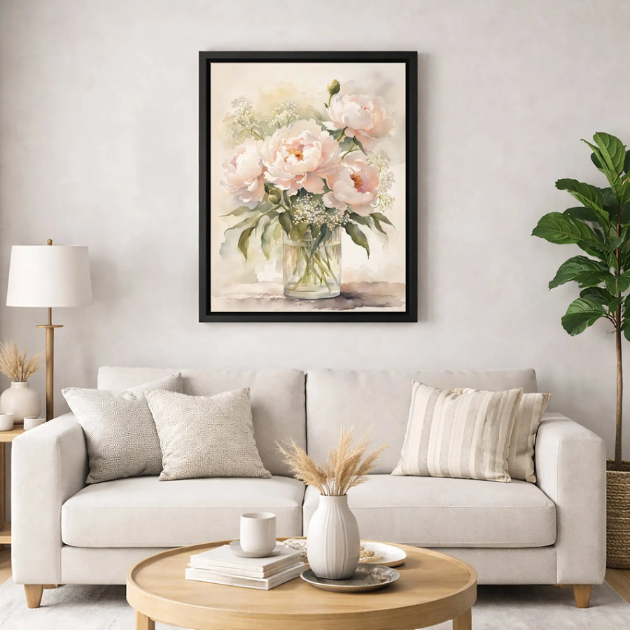 Pink Peony Flower Canvas Wall Art | Soft Watercolor Floral Print | Premium Gallery-Wrapped Canvas | Elegant Home & Living Room Decor Gift
