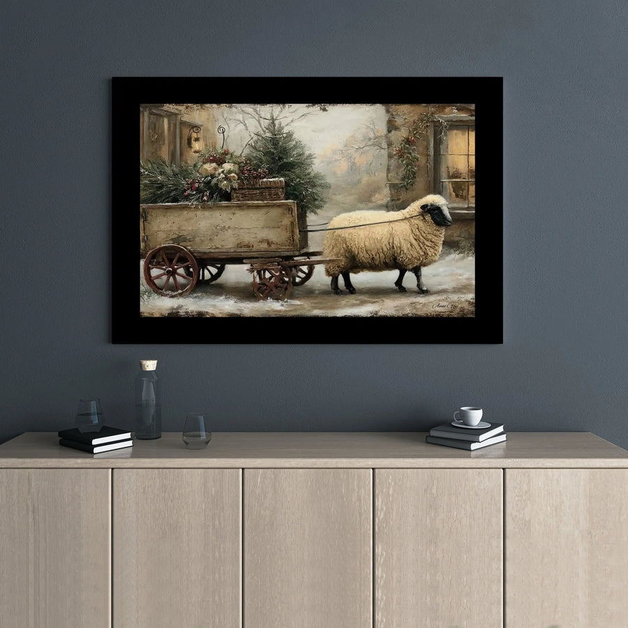 Farmhouse Christmas Wall Art | Sheep Pulling Holiday Cart in Snow | Premium Gallery Wrapped Canvas | Rustic Winter Farm Decor for Home