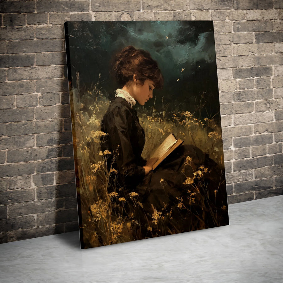 Victorian Woman Reading Painting | Dark Academia Wall Art | 1.25" Premium Canvas Print | Moody Wildflower Field Aesthetic Decor