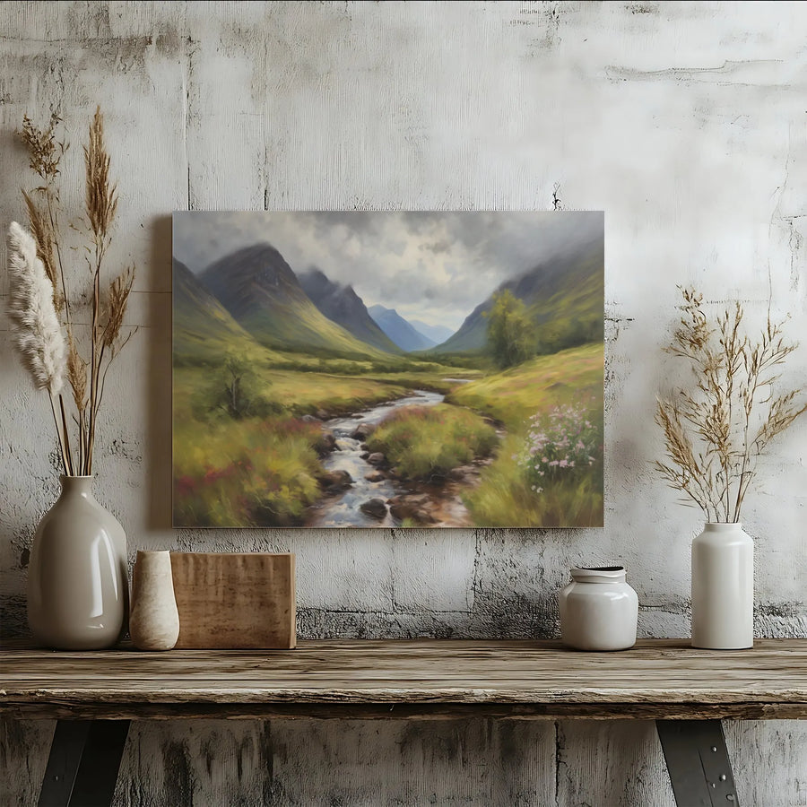Misty Mountain Landscape Canvas | Winding River & Wildflowers | Premium Gallery Wrap Print | Nature Wall Art for Living Room Decor