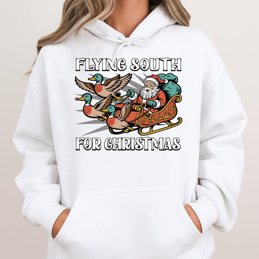 Flying South For Christmas Hoodie | Santa Claus Duck Hunting Graphic | Premium Cotton Blend | Funny Holiday Gift For Hunters And Outdoorsmen