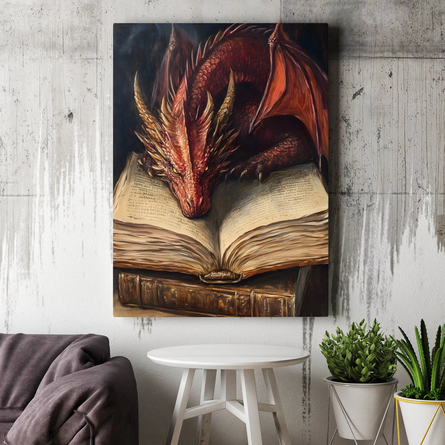 Red Dragon Reading Book Canvas Print | Fantasy Library Wall Art | Premium Gallery Wrap Decor | Gift for Book Lovers & Fantasy Readers