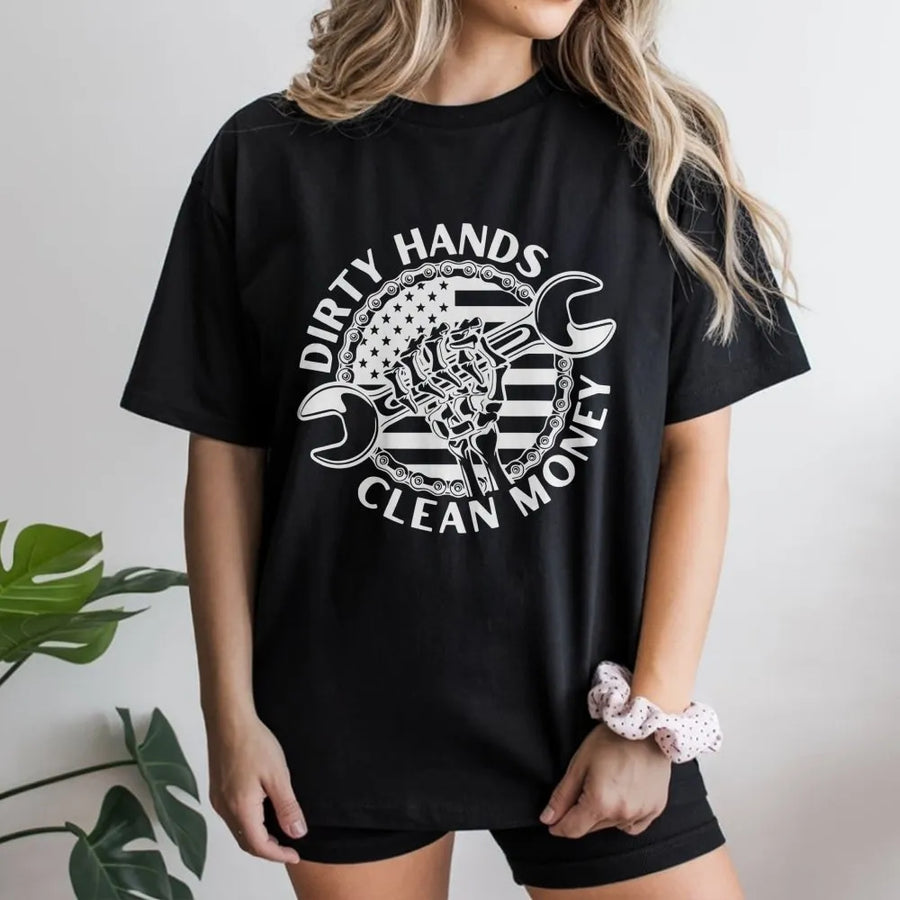 Dirty Hands Clean Money T-Shirt | Patriotic Mechanic Wrench Design | Premium Cotton Apparel | Gift for Car Enthusiasts, Welders & Blue Collar Workers