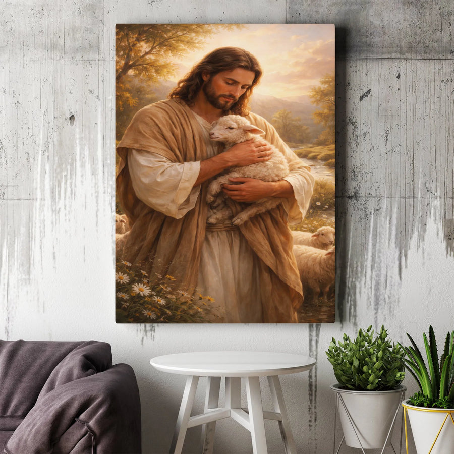 Jesus Christ Holding Lamb Canvas Wall Art | The Good Shepherd Portrait | Premium Thick Canvas | Christian Home Decor Gift