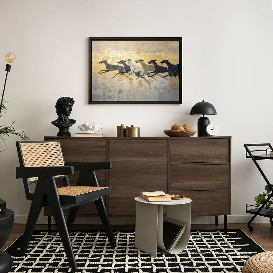 Running Greyhound Canvas Wall Art | Abstract Gold Leaf Silhouette Decor | Premium Gallery Wrap Print | Modern Living Room Gift for Dog Lovers