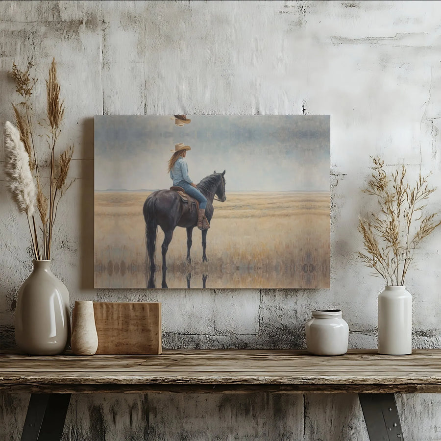 Western Cowgirl Wall Art | Equestrian Prairie Field Landscape | Premium Gallery Wrapped Canvas | Rustic Farmhouse Decor Gift