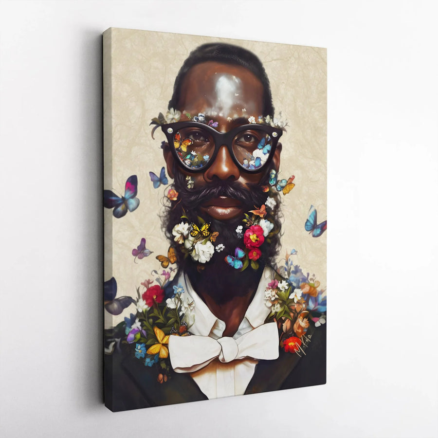 Black Man Butterfly Canvas Print | Surreal Floral Beard Portrait | Premium Gallery Wrapped Wall Art | Modern Afrocentric Home Decor Gift