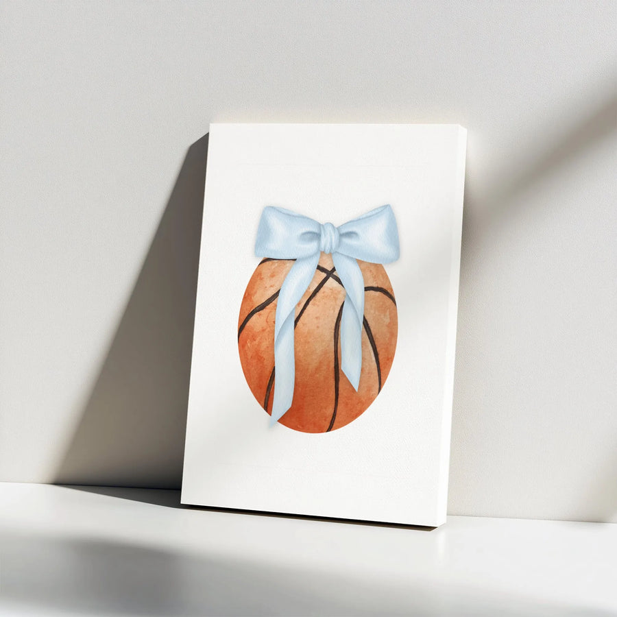 Basketball Wall Art | Watercolor Sport Ball with Blue Bow | Premium Gallery Wrap Canvas | Nursery Sports Decor & Athlete Gift