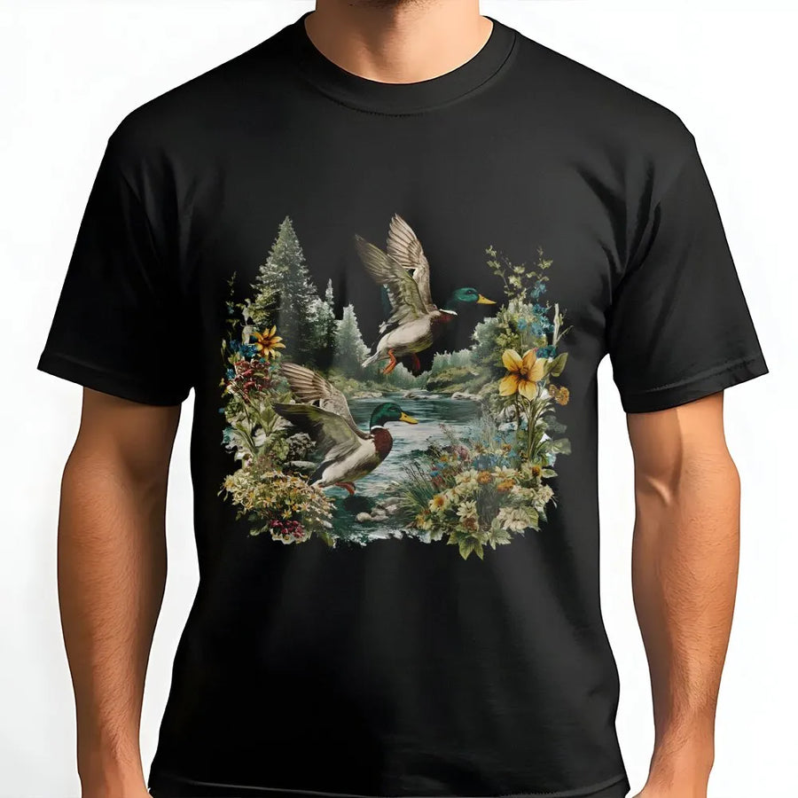 Mallard Duck T-Shirt | Vintage Nature Forest Scene | Premium Soft Cotton Graphic Tee | Bird Watcher Gift for Nature Lovers