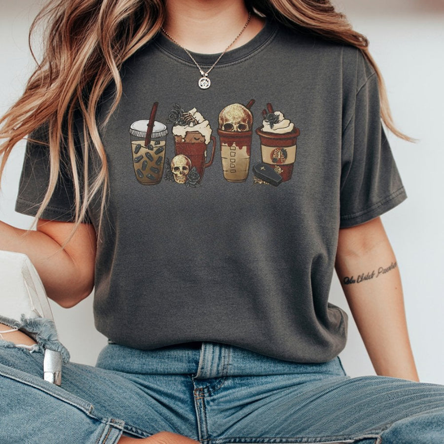 Gothic Coffee T-Shirt | Spooky Skull and Coffin Latte Graphic | 100% Cotton Premium Apparel | Halloween Lover Gift Idea for Her