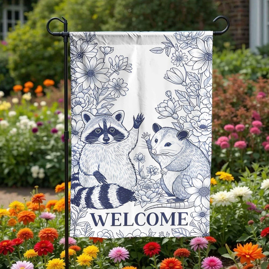 Raccoon and Possum Garden Flag | Blue and White Floral Woodland Yard Decor | Premium Weather-Resistant Polyester | Welcome Outdoor Gift for Nature Lovers