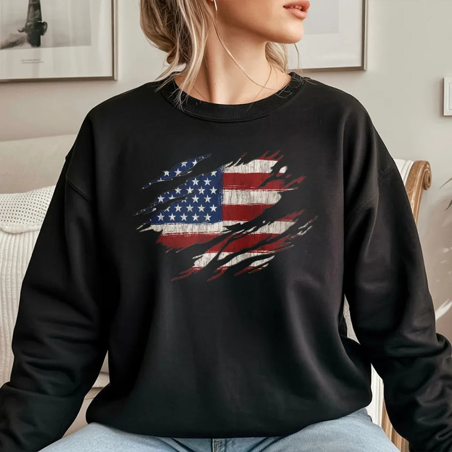American Flag Sweatshirt | Vintage Tattered USA Flag Pullover | Soft Cotton Blend Crewneck | Unisex Patriotic 4th of July Gift