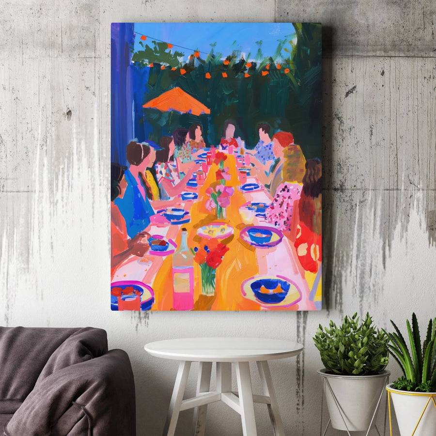 Outdoor Dinner Party Canvas Print | Colorful Impressionist Dining Scene Wall Art | Gallery-Quality 1.25 Inch Canvas | Vibrant Home Decor Gift