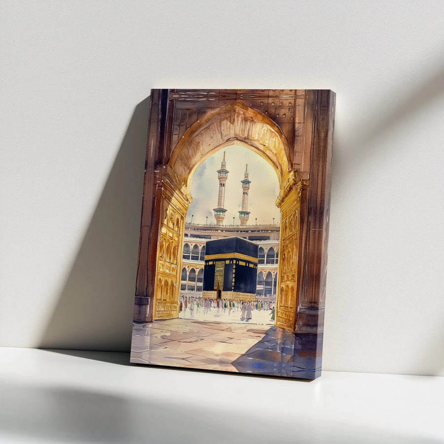 Watercolor Kaaba Canvas Wall Art | Grand Mosque Mecca Painting | Premium Gallery Wrap Print | Spiritual Islamic Home Decor Gift for Muslims