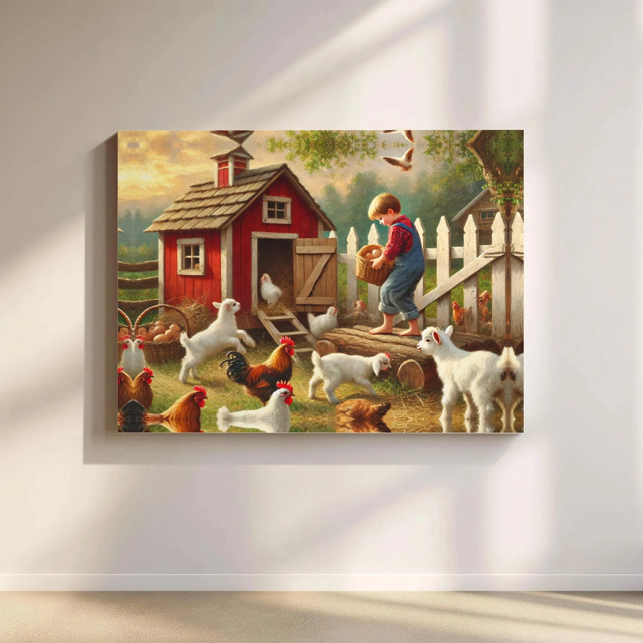 Farm Life Canvas Print | Rustic Country Boy with Baby Goats and Chickens | 1.25 Inch Gallery Wrap | Charming Nursery or Kitchen Wall Decor
