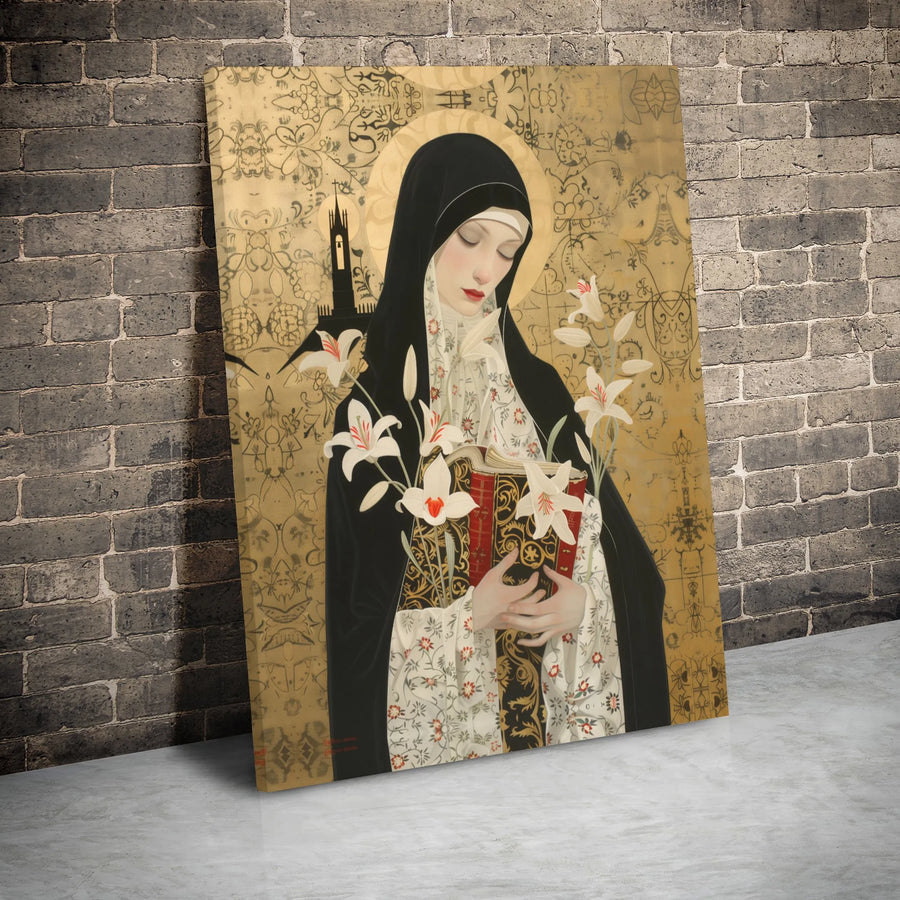 Nun With Lilies Canvas Wall Art | Art Nouveau Religious Portrait | Premium Gallery Wrap Decor | Sacred Christian Gift For Home