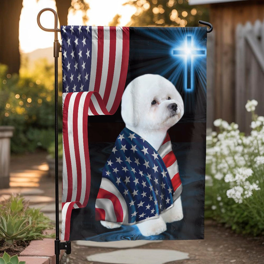Bichon Frise Garden Flag | Patriotic American Flag & Cross Design | Premium Fade-Resistant Polyester | Outdoor Yard Decor Gift for Dog Lovers