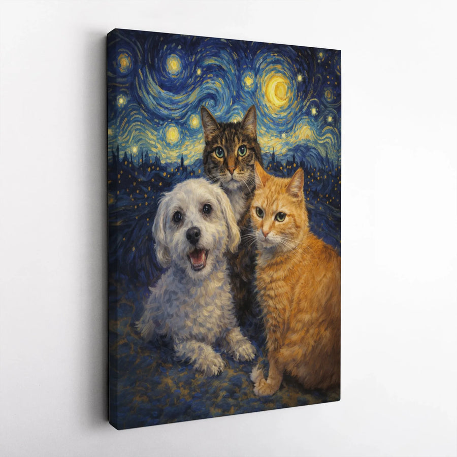 Starry Night Pet Portrait Canvas | Cat and Dog Van Gogh Style Painting | Premium Gallery Wrapped Art | Unique Gift for Pet Lovers
