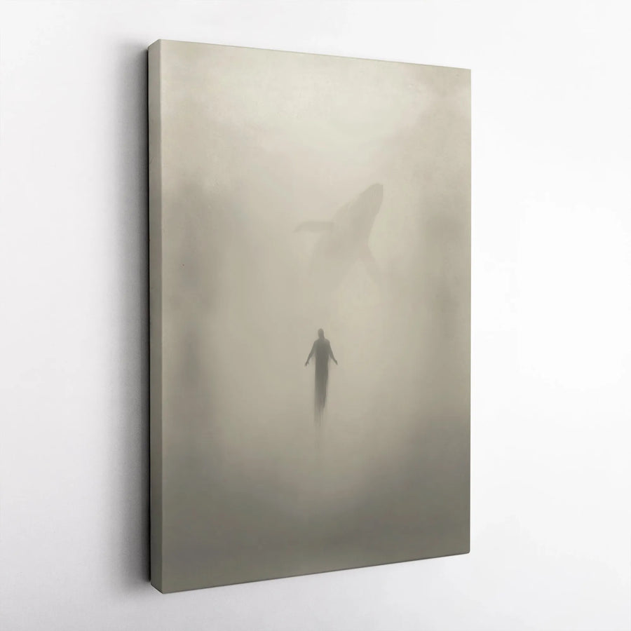 Surreal Whale Canvas Print | Misty Dreamscape with Levitating Figure | Premium Gallery Wrap Canvas | Collector's Gift for Modern Home Decor