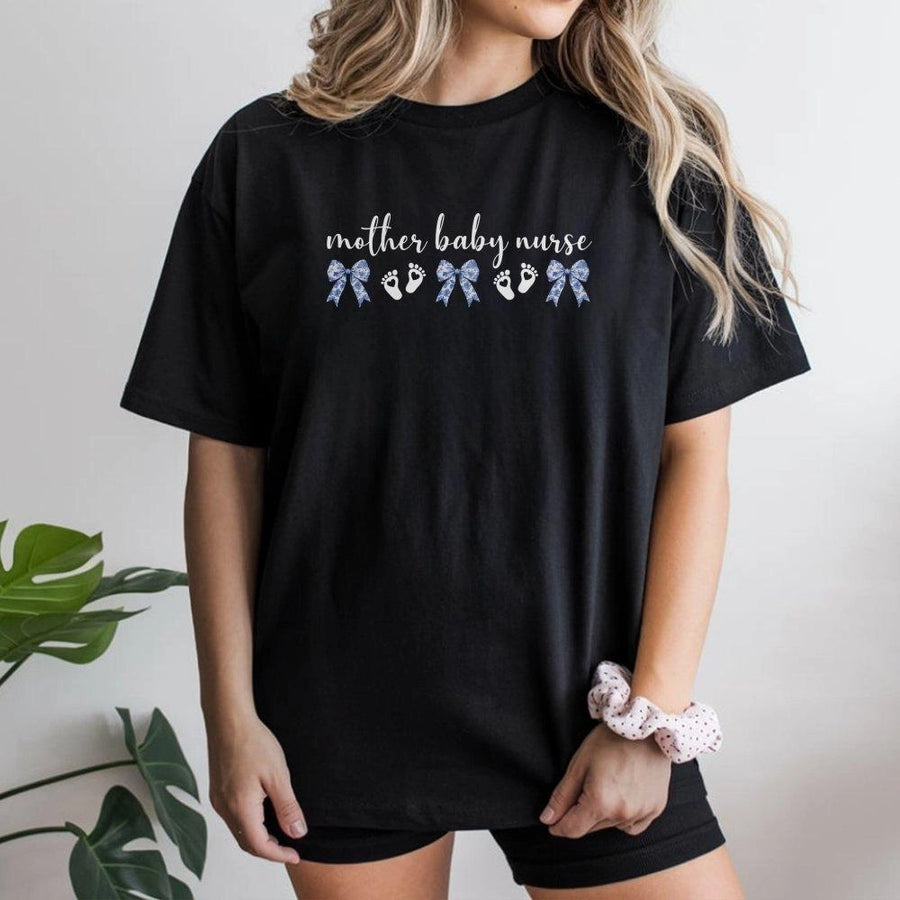 Mother Baby Nurse T-Shirt | Coquette Aesthetic Bows and Footprints Graphic | Premium 100% Cotton Tee | Gift for L&D Nurses and Maternity Staff