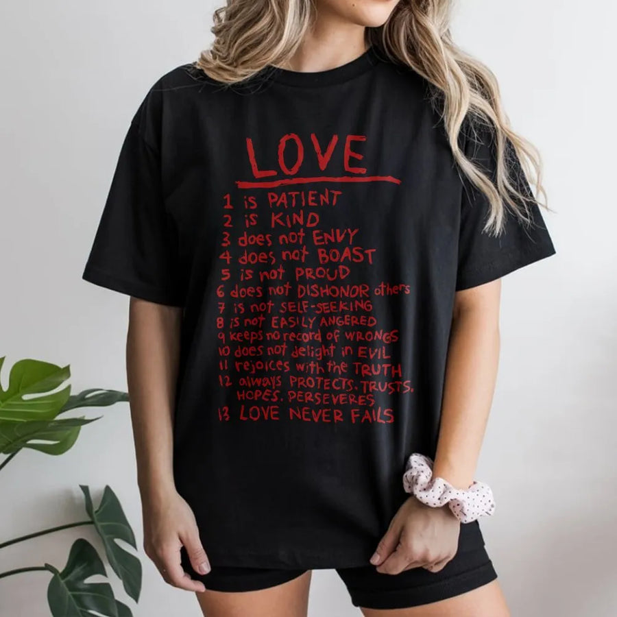Love Is Patient T-Shirt | 1 Corinthians 13 Bible Verse Script | 100% Cotton Premium Tee | Christian Gift for Women and Men