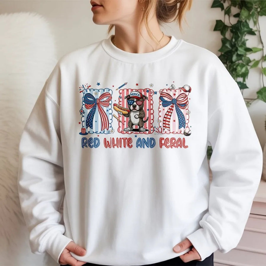 Red White and Feral Sweatshirt | Funny Patriotic Dog Graphic Sweatshirt | Premium Cotton-Blend Pullover | 4th of July Gift for Dog Mom