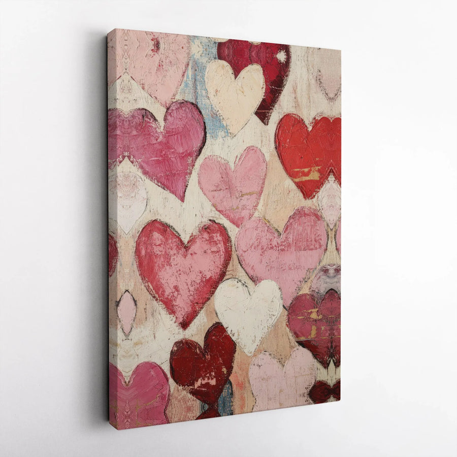 Abstract Love Hearts Canvas Wall Art | Rustic Farmhouse Style Red Pink Hearts | Premium Gallery Wrap Decor | Romantic Gift For Anniversary Home