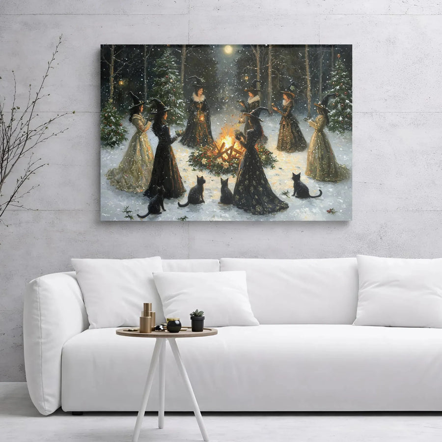 Witches Coven Yule Canvas Print | Magical Snowy Forest Bonfire Art | Premium Gallery Wrapped Decor | Pagan Holiday Gift for Witchy Aesthetic Home