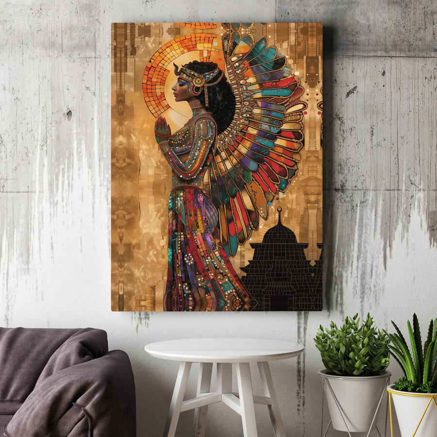 Afrocentric Goddess Canvas Wall Art | Vibrant Winged Woman Mosaic Print | Premium Thick Gallery Wrap | Spiritual Home Decor Gift