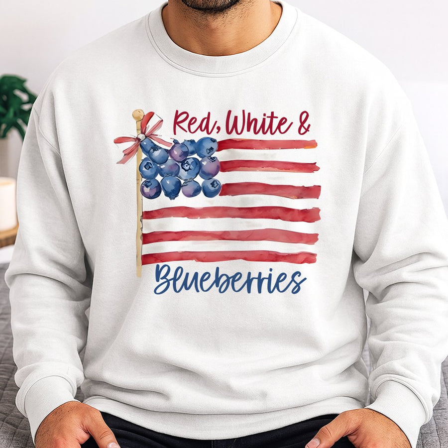 Red White and Blueberries Sweatshirt | Patriotic American Flag Fruit Design | Soft Cotton Blend Unisex Pullover | July 4th Gift for Her