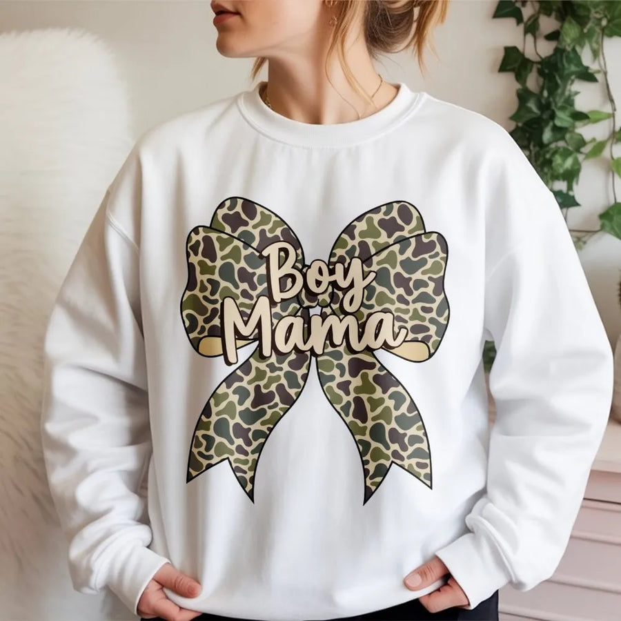 Boy Mama Sweatshirt | Camo Coquette Bow Graphic Design | Premium Cotton Blend | Gift For New Mom Or Boy Mom Birthday