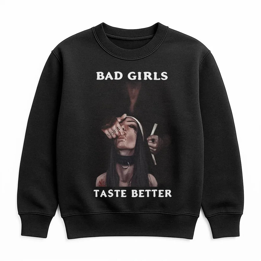 Bad Girls Taste Better Sweatshirt | Alternative Aesthetic Nun Graphic | Premium Cotton Blend Crewneck | Edgy Streetwear Gift for Men and Women