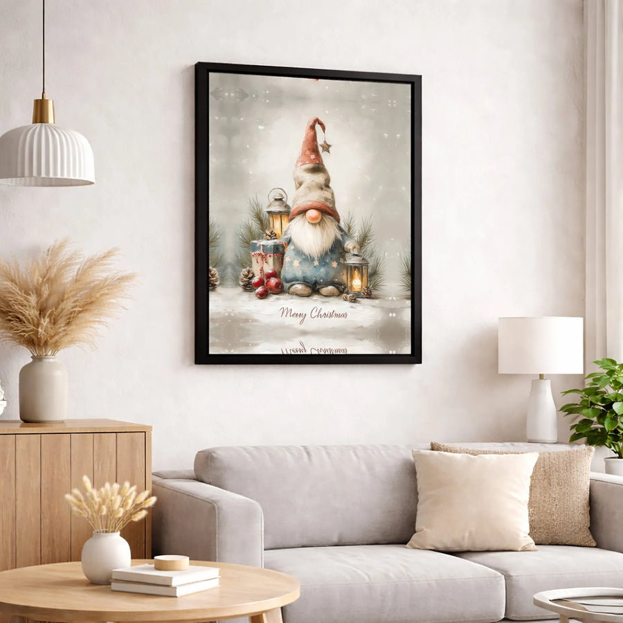 Christmas Gnome Canvas Wall Art | Watercolor Holiday Decor with Lanterns | Premium Fade-Resistant Print | Festive Seasonal Gift for Home