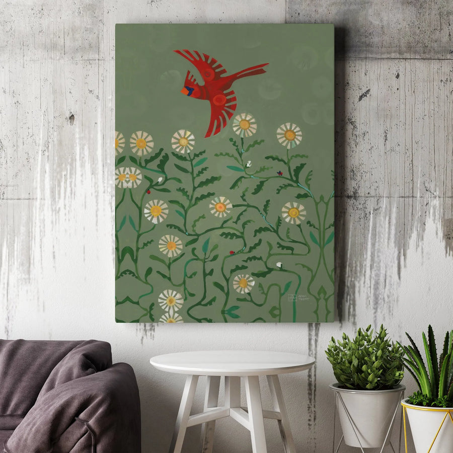 Red Cardinal Canvas Wall Art | Folk Art Bird and Daisy Field Illustration | Premium Gallery Print | Nature Themed Home Decor Gift for Bird Lover