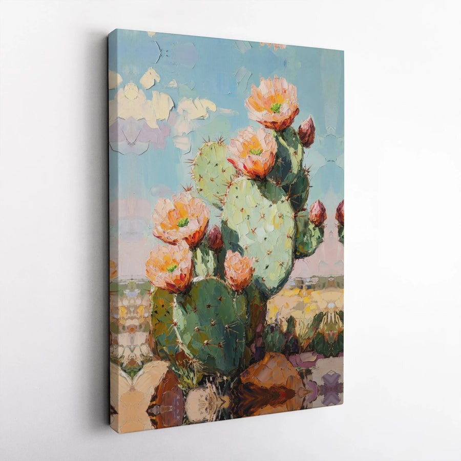 Blooming Prickly Pear Cactus Canvas Print | Impasto Style Desert Wall Art | Premium Fade-Resistant Gallery Wrap | Southwestern Home Decor Gift