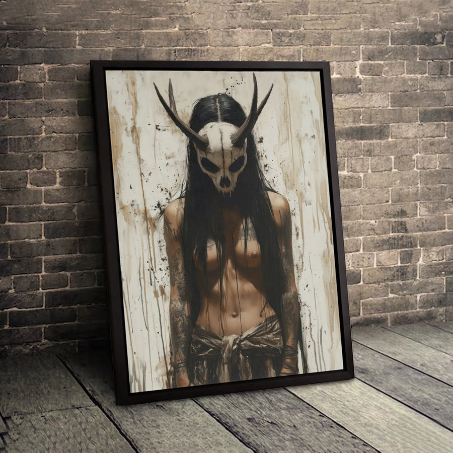 Gothic Skull Mask Canvas Wall Art | Dark Surrealism Tattooed Woman Portrait | Premium Gallery-Wrapped Print | Edgy Home Decor Gift