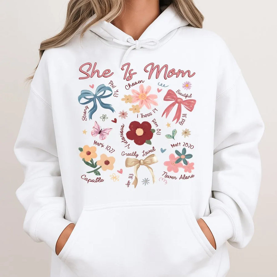 She Is Mom Christian Hoodie | Boho Floral Scripture Design | Cotton-Polyester Premium Comfort | Mother's Day 2026 Faith Gift for Women