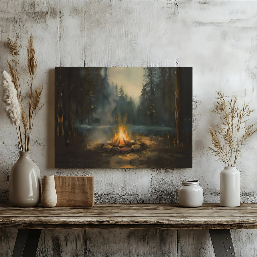 Cozy Campfire Wall Art | Misty Forest Landscape Canvas | Gallery-Wrapped Premium Print | Rustic Nature Cabin Decor for Home Office