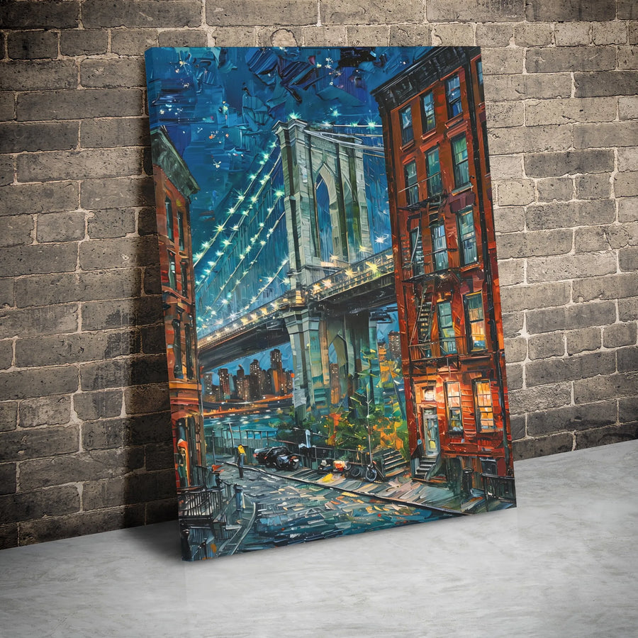 Brooklyn Bridge Canvas Art | Impasto Night Cityscape Print | Premium Gallery Wrap Decor | New York City Gift for Home or Office