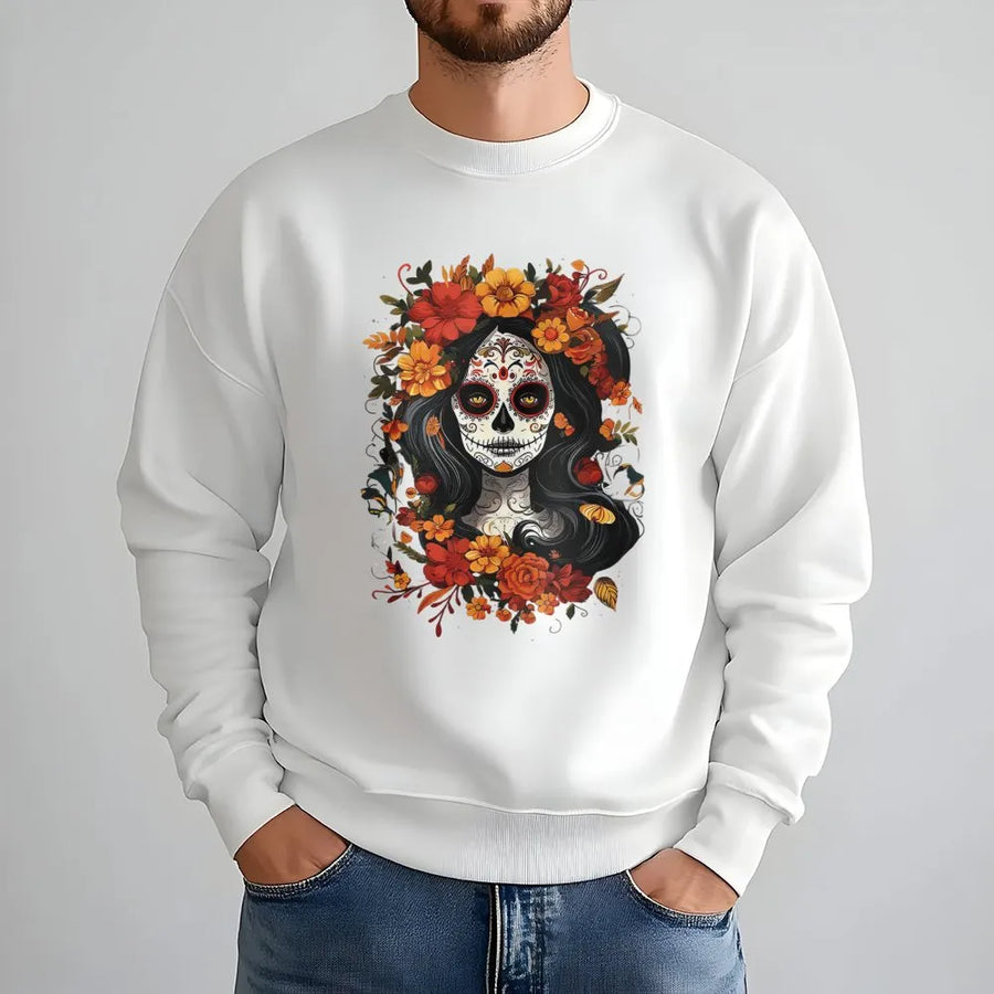 Sugar Skull Floral Sweatshirt | Day of the Dead Dia De Los Muertos Art | Premium Cotton Blend Crewneck | Spooky Halloween Gift for Her