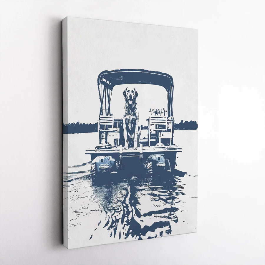 Dog on Pontoon Boat Canvas | Minimalist Nautical Wall Art | Premium Fade-Resistant Print | Gift for Lake House Decor