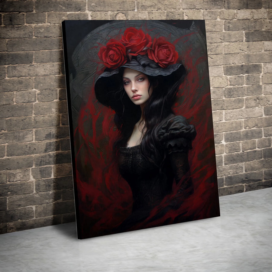 Gothic Woman Canvas Art | Elegant Victorian Dark Aesthetic with Red Roses | Gallery-Quality 1.25-Inch Profile | Moody Wall Decor Gift for Her