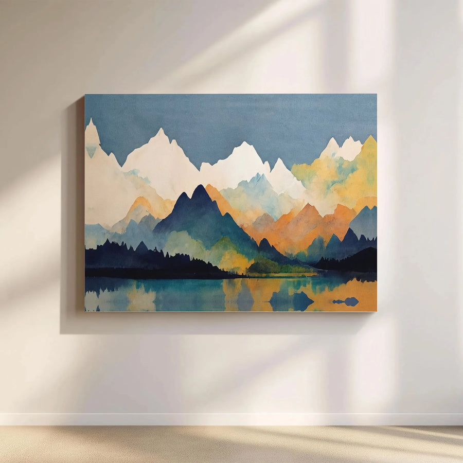 Abstract Mountain Wall Art | Watercolor Lake Reflection Print | Premium Gallery Wrapped Canvas | Modern Living Room Decor Gift
