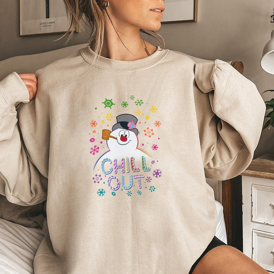Chill Out Snowman Sweatshirt | Colorful Winter Snowflake Graphic | Premium Cotton Blend | Funny Christmas Holiday Gift for Adults
